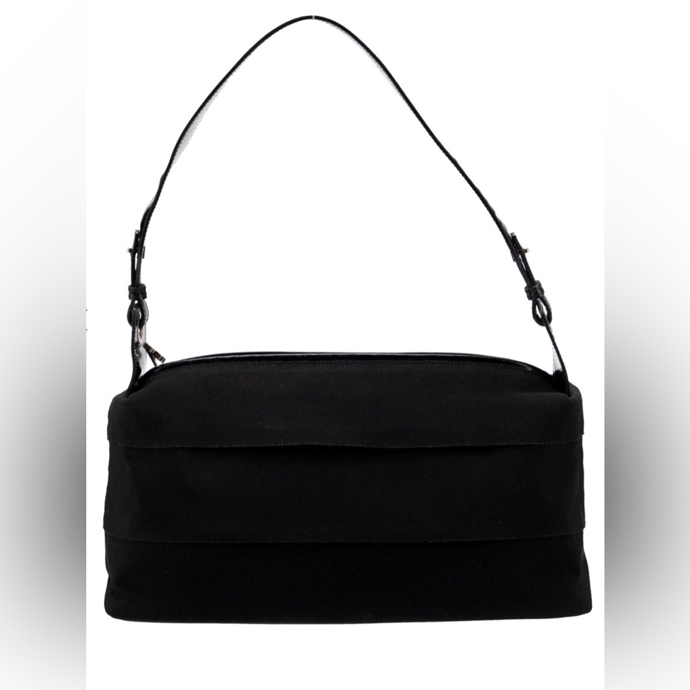 Salvatore Ferragamo Small Black Canvas Patent Leather Shoulder Bag VGUC